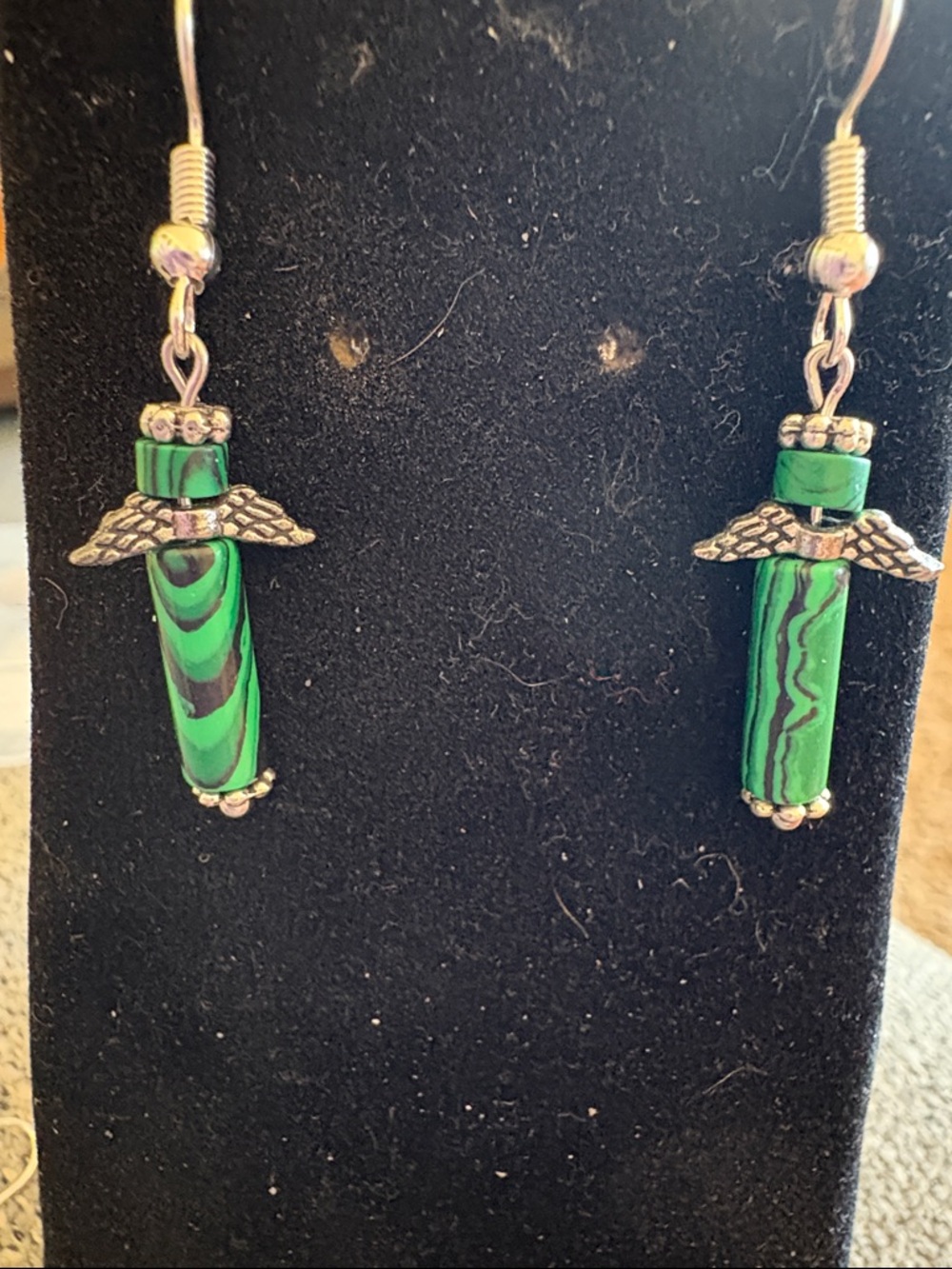 Hand Crafted Malachite Angel Wing Tube Dangle Earrings - Women Jewelry